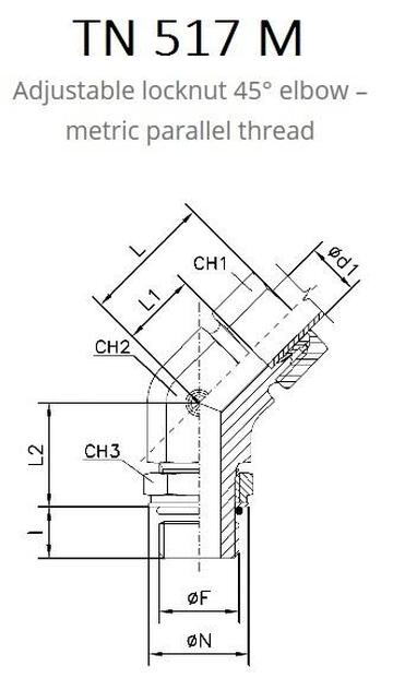 TN517 Поворотный регулируемый адаптер 45° (штуцер с контргайкой в тело -труба)